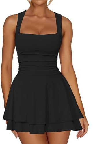 Hanaoops Women's Sexy Mini Dress Square Neck Sleeveless Short Tank Dress High Waist Ruched Bodycon Dresses Slim Fit A Line Swing Party Club Cocktail Dresses Black