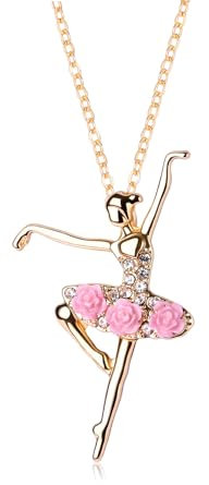 CERSLIMO Girls Necklace - Ballet Dancer with Pink Rose, Adorable Cute Kids Jewellery, Ballerina Necklace for Girls, Birthday, Christmas