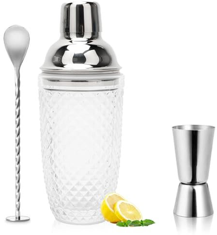 Tutamaz Glas Cocktailshaker, Cocktail Set Geschenk Klarglas Silber Cocktail Shaker Edelstahl Cocktail Shaker Mixer mit Messbecher-Deckel & Sieb Trinkbar-Set Zubehör für Bar Startseite Partei Zuhause