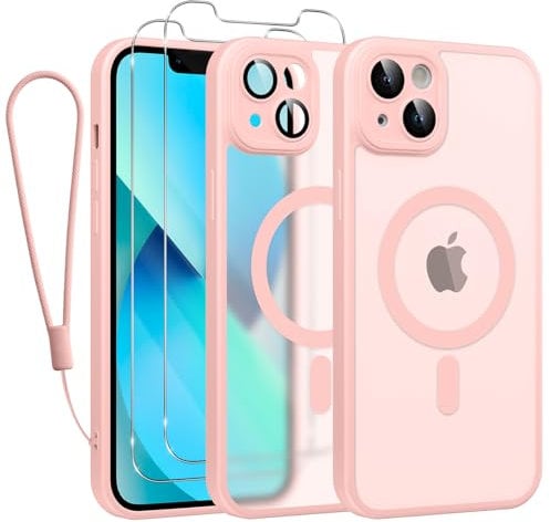 Rainway Magnetic Cover for iPhone 13 Case with 2 HD Screen Protector 1 Phone Lanyard, Compatible with MagSafe, Drop Protection Slim Shockproof Protective Translucent Matte Back Cell Phone Cover Pink