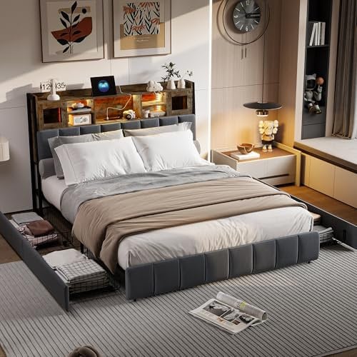 Bett 160 x 200 cm mit LED- und USB-Rahmen, gepolstertes Doppelbett mit Lattenrost und 4 Schubladen, Kopfteil mit Aufbewahrung, für Erwachsene und Jugendliche, Leinen (160 x 200 cm)