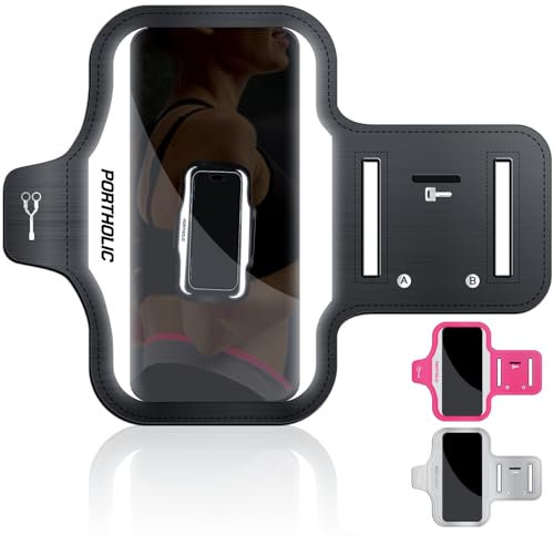 PORTHOLIC Laufarmband mit großen reflektierenden Streifen für iPhone 16, 15 Pro Max,Galaxy S25/S24 Ultra – Wasserdichter Sport-Handyhalter mit Verlängerungsgurt, Schlüsselkartenfach & Kopfhörerhalter