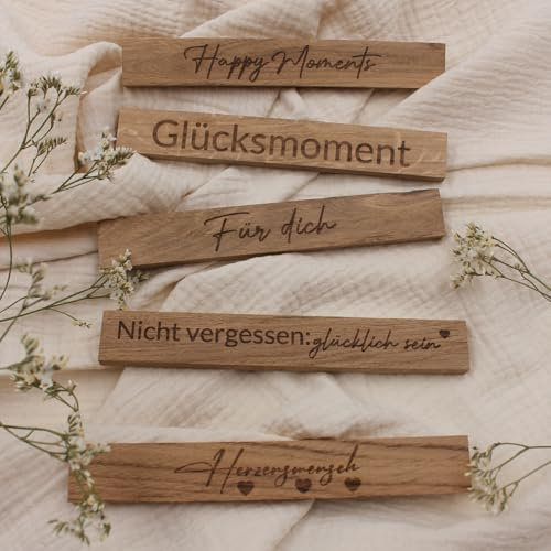 VmG-Store 5 Stück Holzleisten Eiche je 22x8x160mm mit Sprüchen lose Bastelklötzchen mit Text zum Basteln Klötzchen mit Gravur Bastelstäbe zum Heimwerken (01 Allgemein)