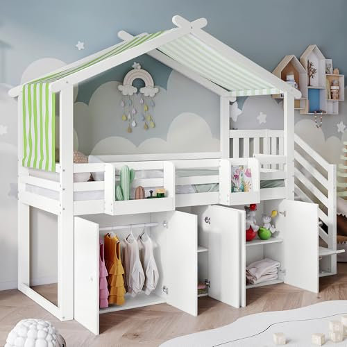Hausbett Hochbett 90x200cm mit 1 Kleiderschrank und 2 Schließfächer, Bett Etagenbett mit Fallschutzgitter und 3 Schließfächer in der Treppe, Dach mit gestreifter Stoff, Holzbett, Weiß