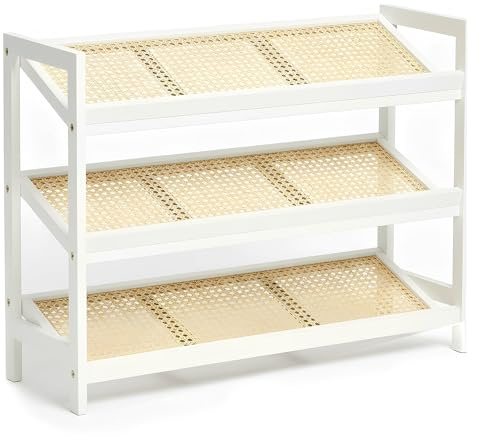 KEPLIN 3 Tier Bamboo and Rattan Shoe Organiser Rack – Eco-Friendly, Durable, Easy Assembly – Compact Design for Entryway, Closet, or Hallway – Stylish and Functional Storage – White and Natural