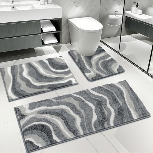 Enyhom Badezimmerteppich Set 3 Teilig, Weich Dicker Mikrofaser Badematte und WC Toiletten Teppich, Grau Badteppich rutschfest Waschbar, Super Saugfähig Schnelltrocknend Badgarnitur 3 Teilig Stand WC