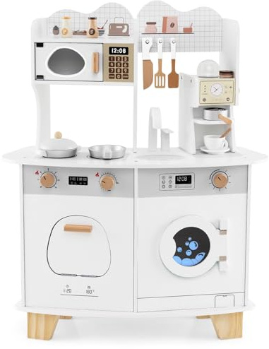 COSTWAY Kids Toy Kitchen, Pretend Play Kitchen with Coffee Maker, Microwave, Oven, Washing Machine, Accessories, Children Cooking Role Playset for 3+ Years Old (White)