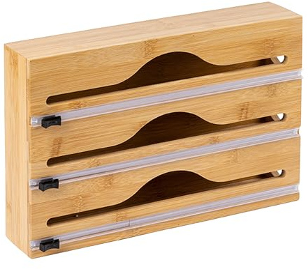 Relaxdays Folienspender, 3 Rollen, Schublade, Bambus, HxBxT 22 x 33,5 x 7 cm, Folienschneider Küche, Folienhalter, Natur