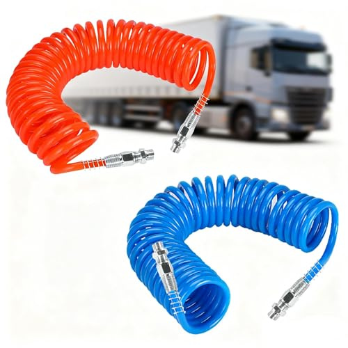 Druckluftschlauch, 4m Luftwendel Schlauch Set Blau und Rot M22x1,5 Spiralschlauch Luftwendel Druckluftspiralschlauch für LKW, Anhänger und Landwirtschaft
