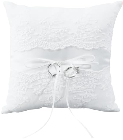 GORGECRAFT Eheringkissen 18x19cm Weißes Spitzen Schleifenband Mit Perle Ringkissen Für Hochzeitsfeier Zeremonie Strandhochzeit Heiratsantrag Verlobung Jahrestag