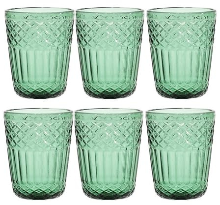 Set 6 Bicchieri Acqua in Pasta di Vetro Colorato Verde Antico 30cl con Lavorazione a Rilievo e Decoro imperiale Stile Vintage per Casa e Ristorazione eleganzae particolarita' per una tavola speciale