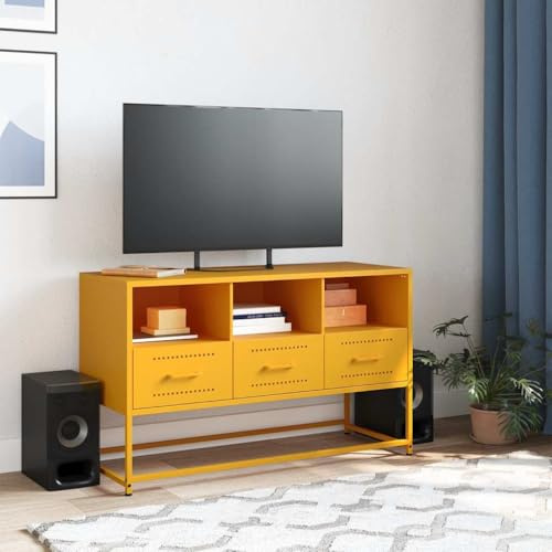 Natulvd Steel TV Unit, Raised TV Cabinet with 3 Drawers & Open Shelf | 100x39x60 cm, Small TV Shelf Unit, for Living Room, Dining Room and Bedroom (Yellow)