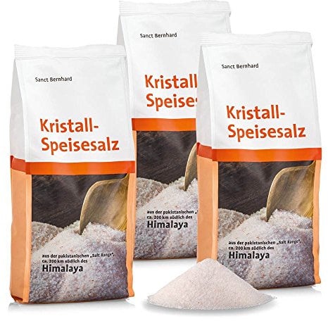 Sanct Bernhard Kristall-Speisesalz, unjodiert, 100 % naturrein aus der pakistanischen Salt Range, ca. 200 km südlich des Himalaya, Inhalt 3 x 1 kg