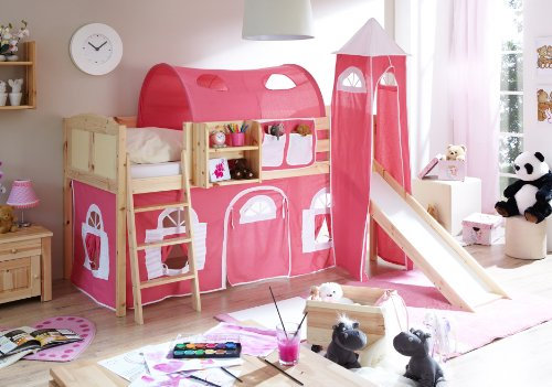 Hochbett mit Rutsche und Turm Spielbett Ekki Landhaus Kiefer massiv Natur, Vorhangstoff:Rosa Weiss