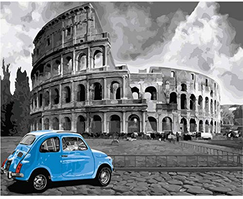 WYTTT Puzzle 1000 Pezzi Arte Puzzle per Adulti Puzzle di Legno Puzzle 3D Bullring Bianco Nero Blu Auto su Colosseo Fatto A DIY Regali di Natale Decorazioni per La Casa,75X50Cm