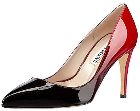 JOY IN LOVE Damen-Pumps 8,9 cm High Heels spitz zulaufende Stiletto-Pumps, Rot Schwarz Lackleder, 38 EU