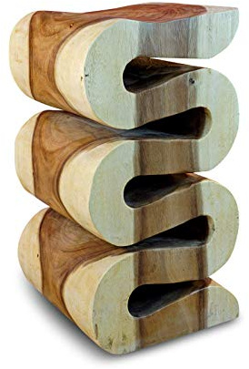 Kinaree Suar Holz Beistelltisch geschwungen 51 cm – massiver Holztisch aus Thailand – handgefertigter Blumenständer oder Hocker – asiatisches Möbelstück aus einem Stück Massivholz