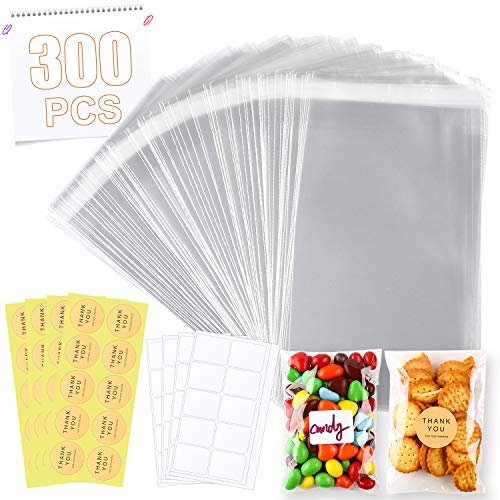 300 Stück 10,2 x 15,2 cm transparente wiederverschließbare Zellophantüten mit 40 Stück blanko selbstklebendem Etikettenpapier und 40 Stück Dankeschön-Aufkleber für Bäckerei, Kerzen, Seife, Keksbeutel