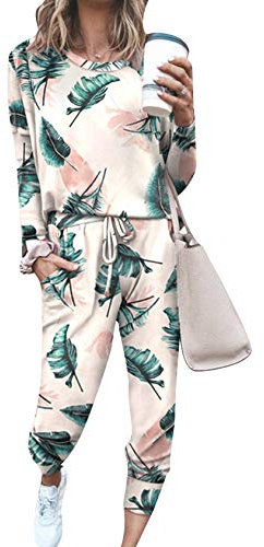 EFOFEI Damen Top Lange Hose Jogginganzug Tracksuit Schlafanzug Lang Aus Baumwolle Sternmode Freizeitanzug Blätter XL