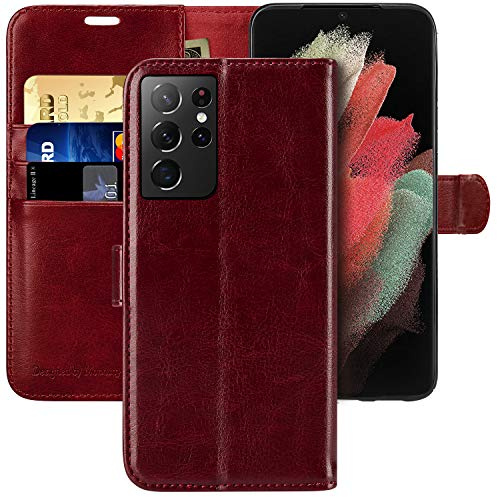 MONASAY Galaxy S21 Ultra 5G Wallet Case, 6.8 inch [Included Screen Protector][RFID Blocking] Flip Folio Leather Cell Phone Cover with Credit Card Holder for Samsung Galaxy S21 Ultra 5G,Burgundy