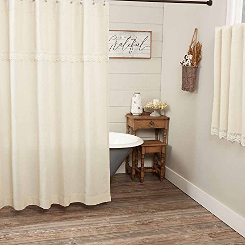 Piper Classics Duschvorhang aus Flachs und Spitze, 182,9 x 182,9 cm, naturcremefarben, mit Häkelspitzenbesatz und Volant, Vintage-Bauernhaus, Boho-Badezimmer