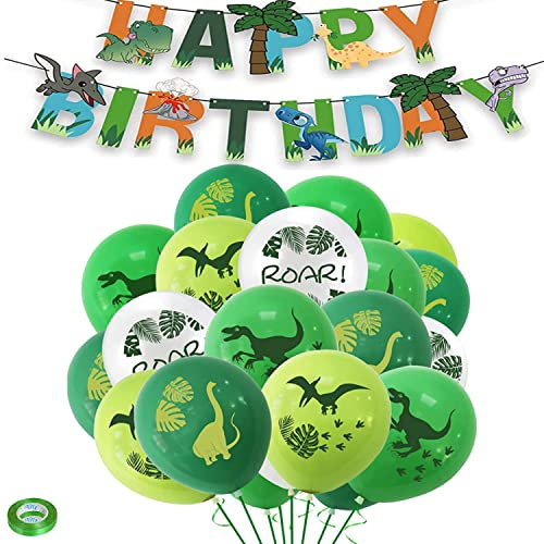32 Stück Luftballons Dinosaurier,Dinosaurier Latex Luftballons,12 Dino Luftballon,Dinosaurier Latex Ballons Mit Happy Birthday Banner,Dino Geburtstag Deko Luftballons für Babyparty Geburtstagsfeier