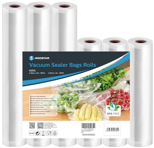 Aigostar - Rollos de Bolsas para Envasar al Vacío. Pack de 6 Rollos de 20x300 cm y 28x300 cm, Sin BPA. Bolsas de Envasado al Vacío para Alimentos, Resistentes. Aptas para Máquinas de Envasado al Vacío