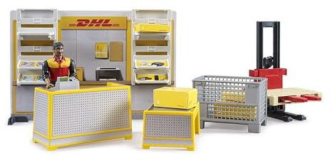 bruder 62251 - Bworld DHL Paketshop inklusive DHL-Mitarbeiter - 1:16 Spielzeug, Zubehör, Post Filiale, Postbote, Paketdienst, Logistik, Versand, Spiel Set