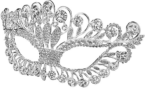 NUOBESTY Masquerade Masks Diamond Rhinestone Masks Mardi Gras with Ribbon Party Costume Photo Props for Women Lady Silver Ribbon Color Random