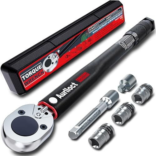 Aurlloct Chiave Dinamometrica 1/2 20-230 Nm, Auto e Moto, dei Precisione ±3% Chiavi Dinamometriche con Prolunga 125 mm e 3 Bussole 17, 19, 21 mm, Presa di Conversione da 1/2 a 3/8 pollici, Nero