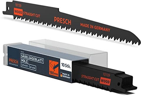 Presch Säbelsägeblätter Holz 210mm 10 Stk. - Schnitt 6-180mm - Sägeblätter Säbelsäge für Holz PVC Rohre uvm. - Universalschaft Reciprosäge Sägeblätter Set inkl. Box