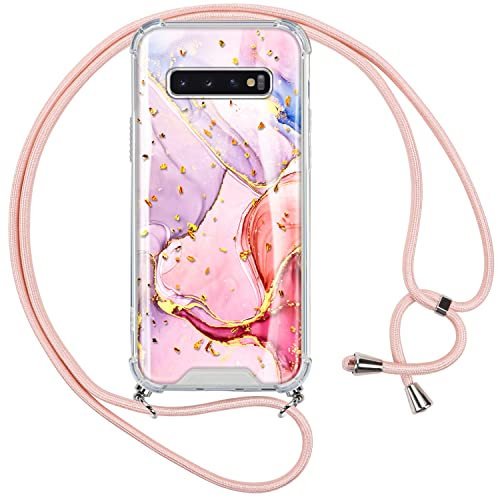 Vauki Handykette für Samsung Galaxy S10 Hülle mit Band,Silikon Durchsichtig Marmor Glitzer Motiv Transparent Stoßfest Bumper mit Abnehmbar Kordel zum Umhängen Handyhülle für Samsung S10,Rose