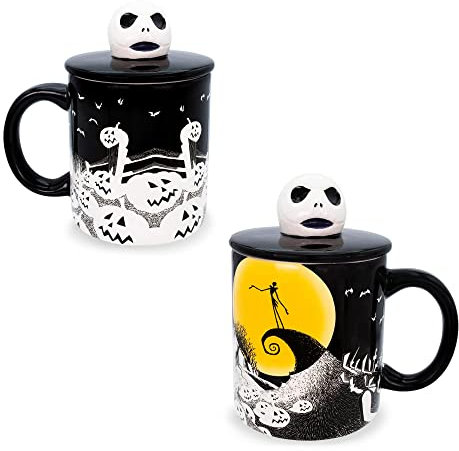 Disney The Nightmare Before Christmas Jack Skellington Spiral Hill - Taza de cerámica de 18 onzas con tapa esculpida