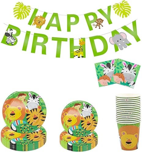 BOX And Tree| 81 Pièces Vaisselle Jetable Anniversaire Kit Theme Jungle Safari Animaux -Assiette en Carton avec gobelet, Serviettes Bannière| Garçons Filles Enfants 20 Invites
