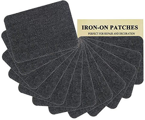 J.CARP Denim Jeansflicken zum Aufbügeln für Jeans innen und außen, 100% Baumwolle mit starkem Kleber, blaues Reparatur-Dekorationsset, 12-teilig, Größe 7,6 x 10,2 cm, Schwarz