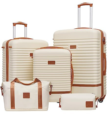 COOLIFE Suitcase Trolley Carry On Hand Cabin Luggage Hard Shell Travel Bag Lightweight with TSA Lock,The Suitcase Included 1pcs Travel Bag and 1pcs Toiletry Bag (White/Brown, 5 Piece Set)