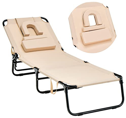 GIANTEX Sonnenliege Klappbar, Gartenliege mit Gesichtsöffnung, Kissen & 5-Fach Verstellbarer Rückenlehne, 63 x 194 x 37cm Liegestuhl für Garten, Balkon & Terrrasse, bis 160kg belastbar (Beige)