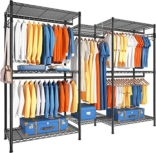Solerconm Portant à vêtements avec étagères à Chaussures, Porte-vêtement en métal Solid avec 8 étagères et 5 Barres (Noir,187 * 44 * 194cm)
