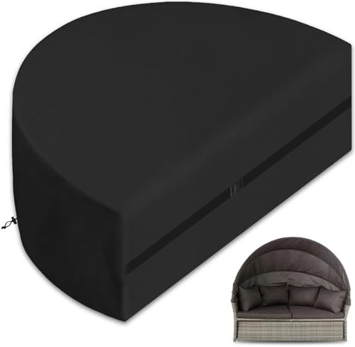 YBYHFAA Halbrund Sonneninsel Abdeckung,Schutzhülle für Rattanlounge Sonneninsel,600D Abdeckplane für Liegeinsel Mit Kordelzug und Schnappband,Wasserdicht,Anti-UV,Schwarz (200 * 110 * 80cm)