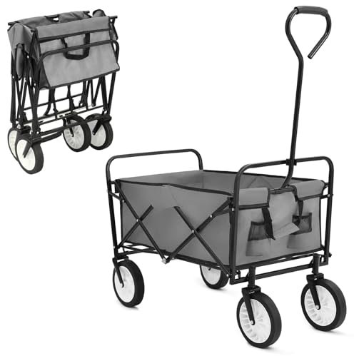 Bollerwagen Transportwagen Faltbar Handwagen mit Seitentasche, 98L/80KG Belastbar Strandwagen Klappbar, All Terrain Gartenwagen, für Einkaufen, Camping, Strand, Transport, Outdoor (Grau)