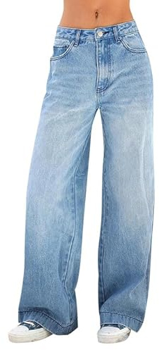 Runstarshow Womens Baggy Jeans Straight Wide Leg Y2K Trousers High Waisted Loose Fit Demin Pants for Teenage Girls Adults XS-L/UK 6-14