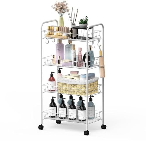 Mythinglogic 4-Tier Storage Trolley Cart with 360° Wheels, Rolling Utility Metal Storage Easy Assemble Mobile Cart, for Kitchen, Bathroom, Laundry Room & Office (White)