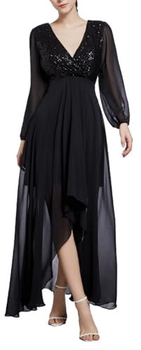 Zeiayuas Women's Sparkly V-Neck Long Sleeve Maxi Dress - Mesh, Sequin, Formal Black Wedding Bridesmaid Evening Party Dress