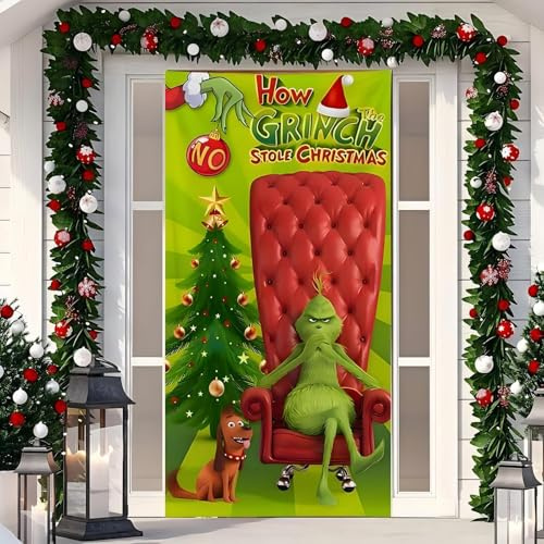 REGAPOG Grinch Weihnachtsdeko Tür Abdeckung Dekoration Grinch Hängen Banner Hintergrund, Weihnachtsbanner Für Haus Haustür Veranda Weihnachten Deko -91 X 203 cm (Grinch A)