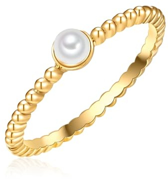Lulu & Jane Damen Ring Messing gelbgold | gelbvergoldet 14 Karat, Bandring, Muschelkernperle, ca. 3,0 mm, weiß, rund