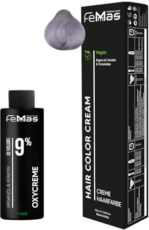 Femmas Set de tinte para el cabello rubio claro lavanda 9.21 I Hair Color Cream 100 ml + Oxycreme 100 ml 9% I Coloración permanente del cabello + desarrollador I Suave y duradero I Tinte de pelo de