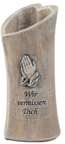 Grabvase mit Betenden Händen und Spruch 'Wir vermissen Dich', 17 cm, Grau-Beige