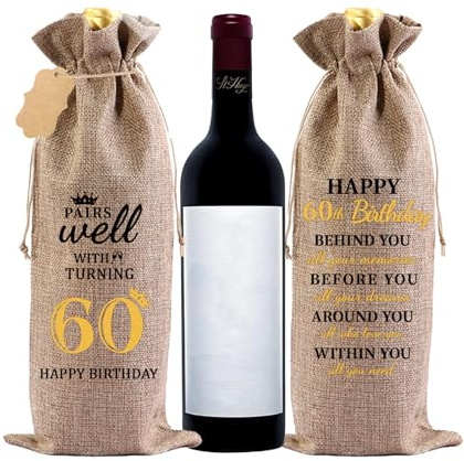 Birthday Wine Bags - Double Sided Print Wine Bag with Tag and Burlap Drawstring, Perfect Wine Bags for Wine Bottles, Birthday Bottle Gift Bag for Men, Women, Friends, and Loved Ones (60 years)