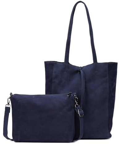 Damen Tasche Set 2in1 Shopper Handtasche Crossbody Hobo Bag Schultertasche Umhängetasche Metallic Cross-Over DIN-A4 Dunkelblau.