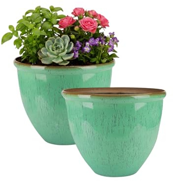 M1SS Set of 2 Ceramic Look Planters – 30cm Glazed Finish Decorative Indoor & Outdoor Flower Pots for Home Decor (TURQUOISE)
